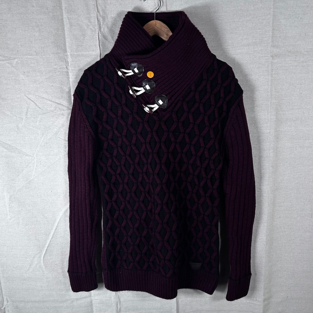 Vercini Mens XXL Burgundy Black Cable Knit Shawl Collar Toggle Sweater Turkey